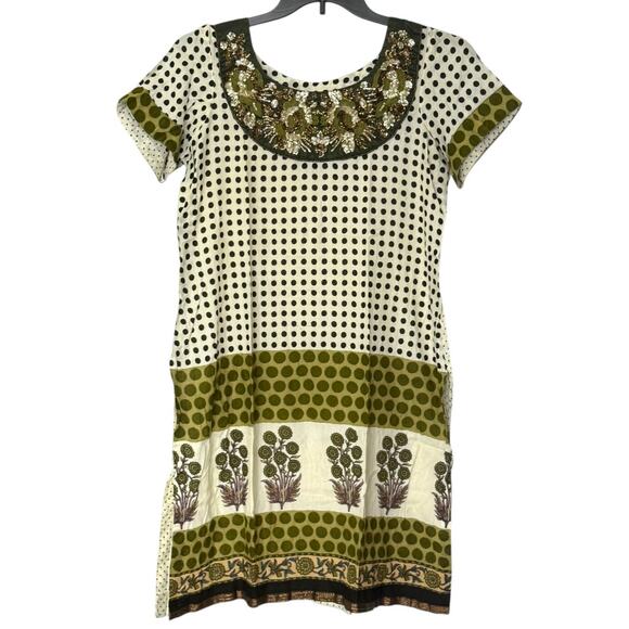 Vintage Polka Dot Floral Print Dress Embroidered Short Sleeve Folk Style Boho - Picture 1 of 16